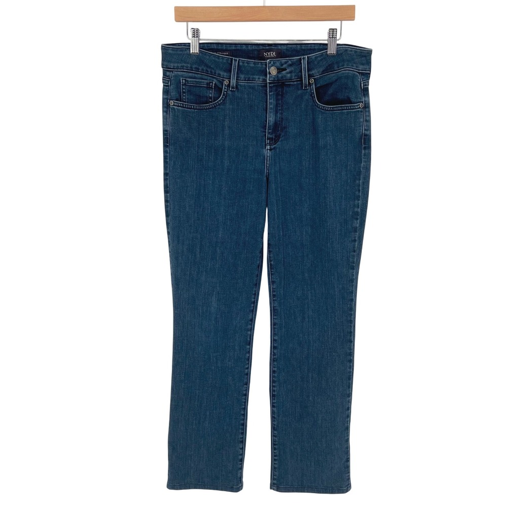 NYDJ Womens Marilyn Straight Leg Jeans Size 10 Blue Embroidered Lift Tuck Denim